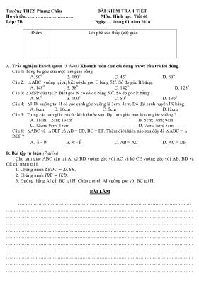 Đề kiểm tra Tiết 46 môn Hình học Lớp 7 - Năm học 2015-2016 - Trường THCS Phụng Châu (Có đáp án)